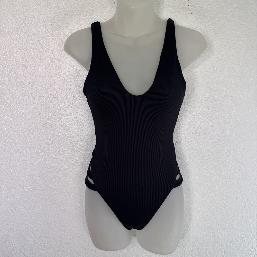 BECCA Swimsuit Womens Small Ribbed Deep V Plunge Cutout One Piece Black Swimwear